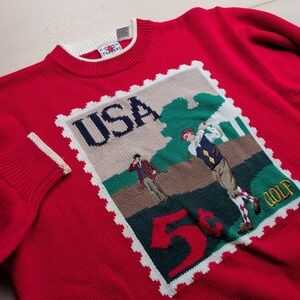 Vintage 90s Cotton Traders Sweater Mens L Golf Postage Stamp Knit USA Americana
